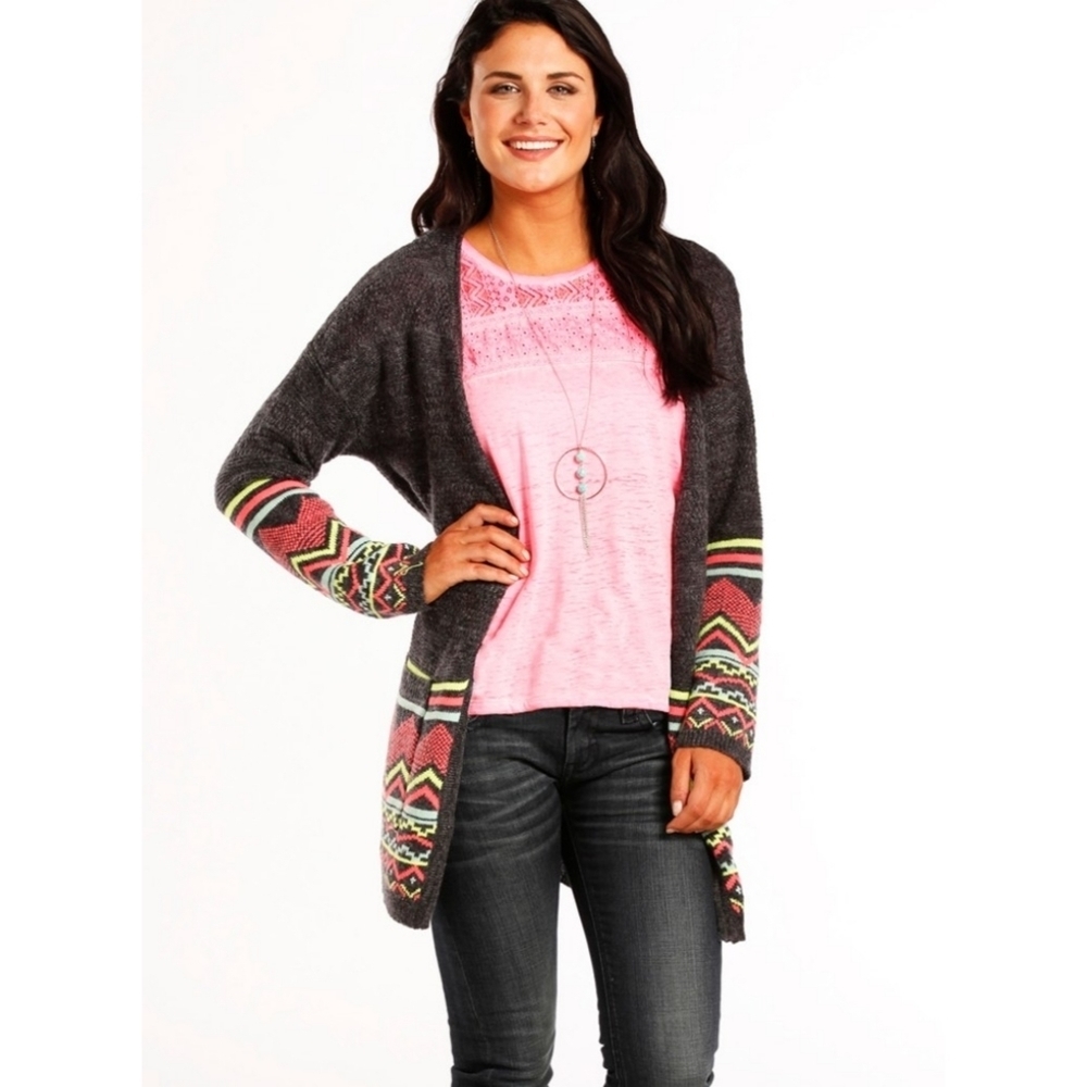 Lulumari Open front Cardigan Sweater Gray with Neon designs Size M/L